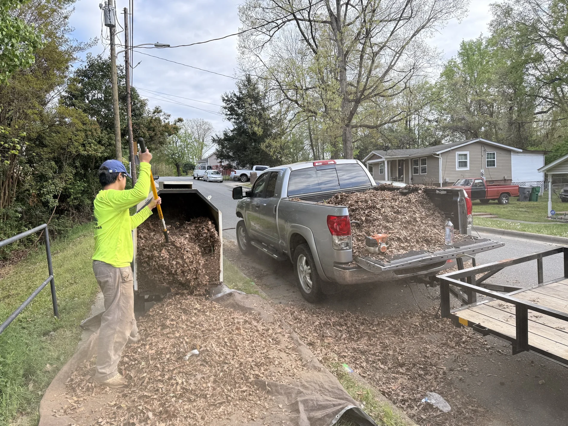 A crew member collecting leaves for a yard cleanup